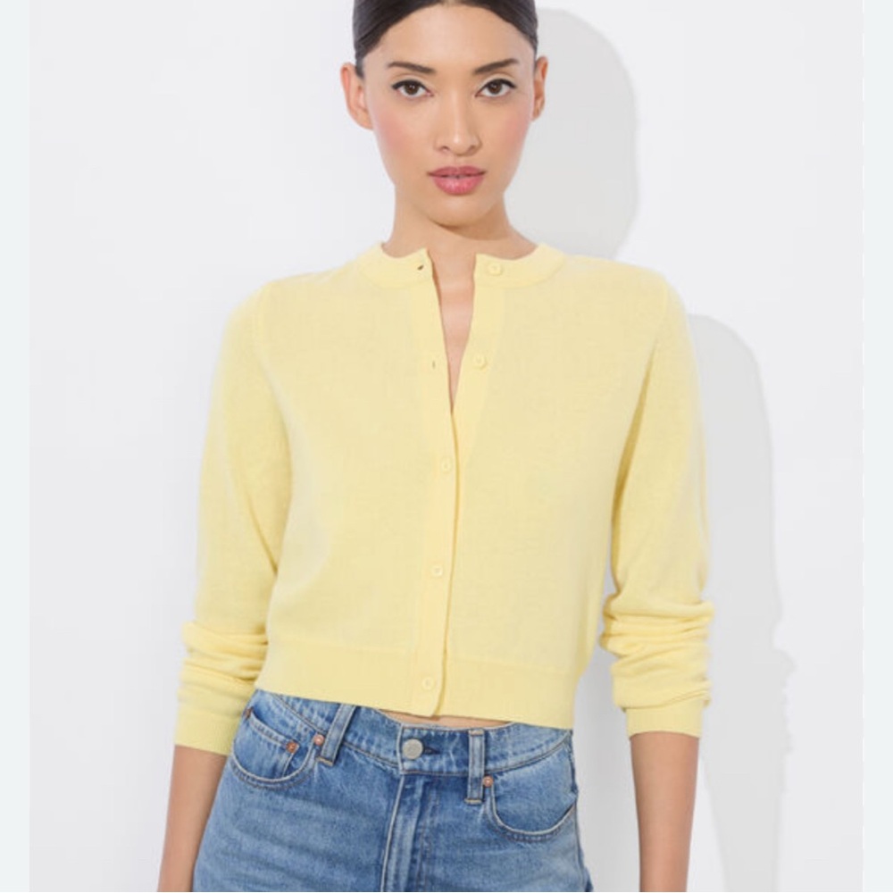Alice + Olivia cropped butter yellow cashmere cardigan